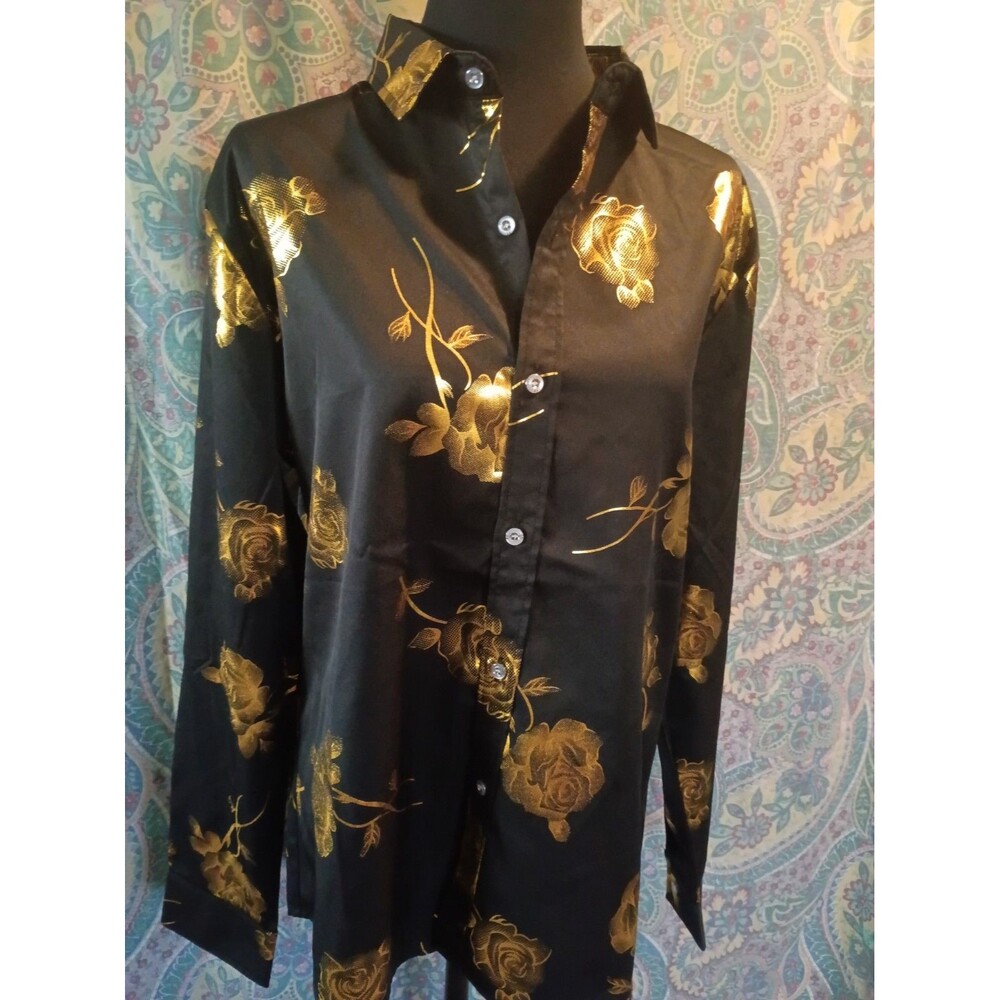 black long-sleeve button-down shirt featuring a metallic gold rose floral print